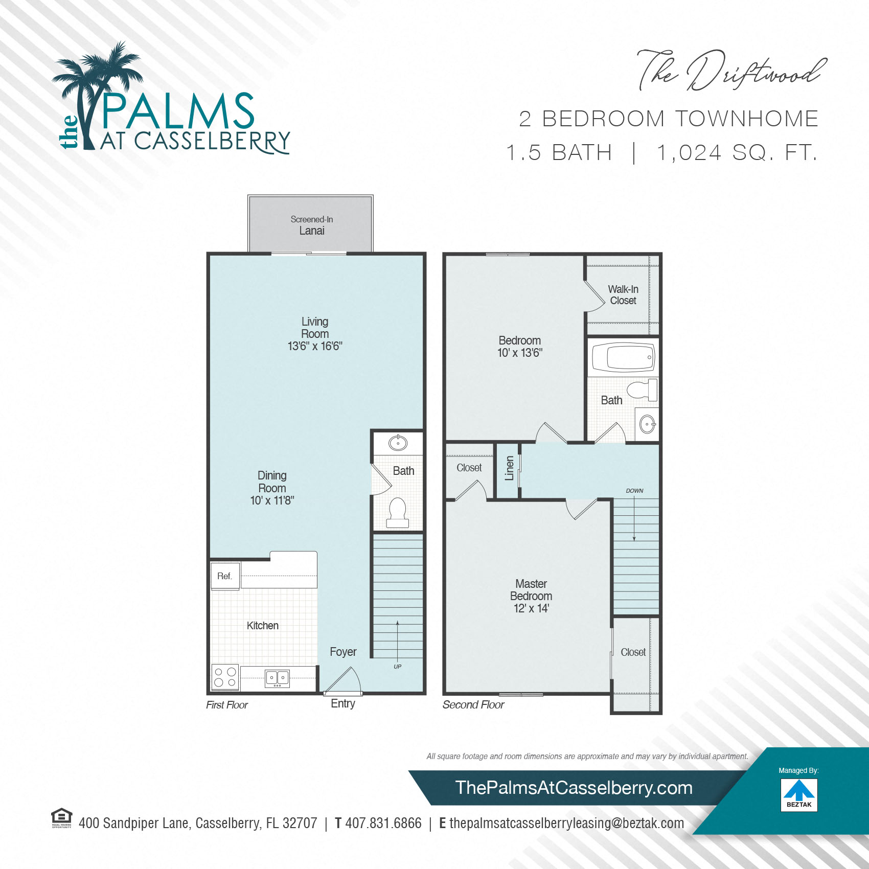 Floor plan for 2 beds, 1.5 baths, 1024 sqft